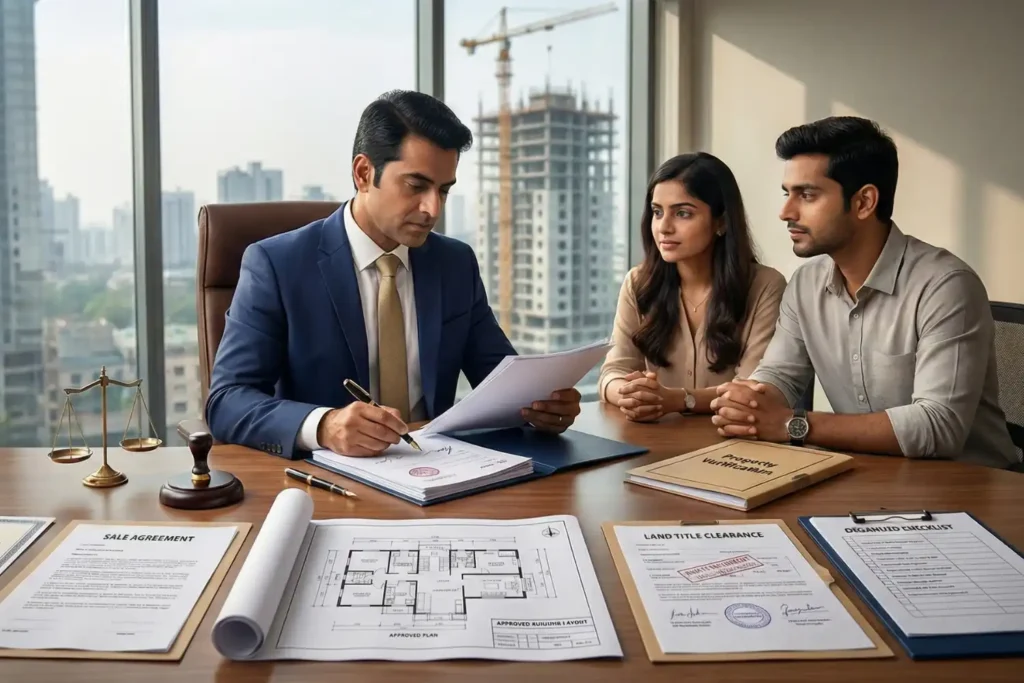 People discussing real estate documents.